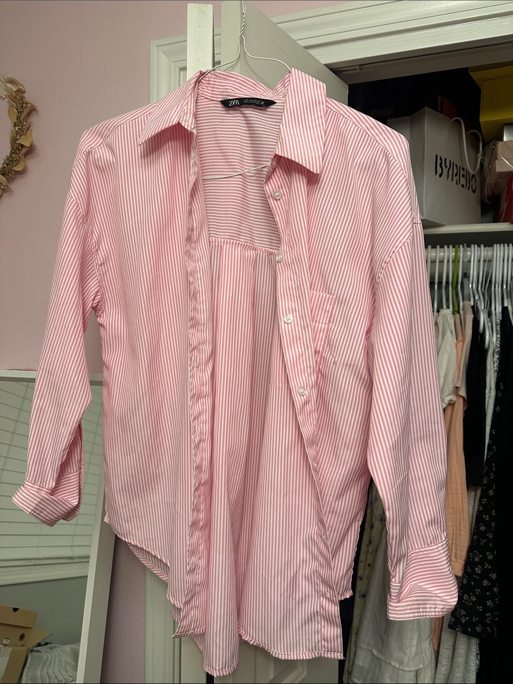 Zara Pink and White Pinstripe Button-Down Shirt